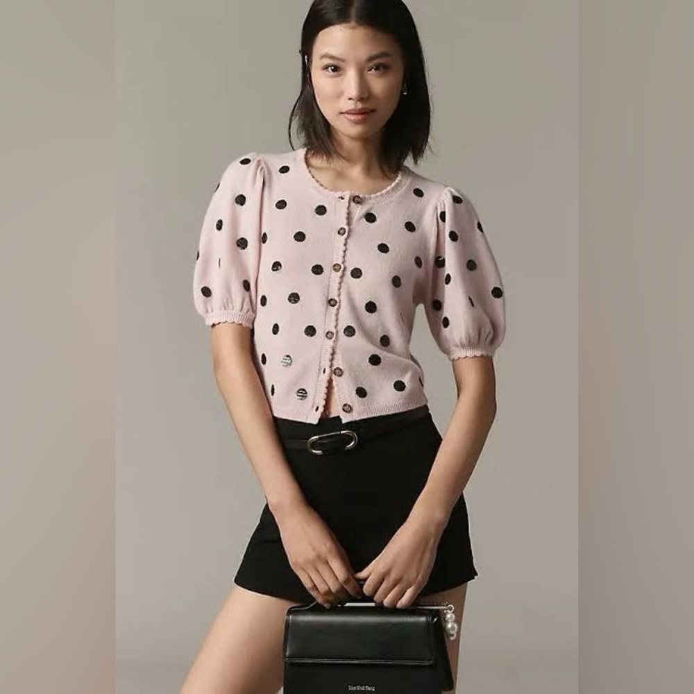 Anthropologie MAEVE Puff-Sleeve Cashmere Cardigan Sweater Pink Sequin Dots NWOT